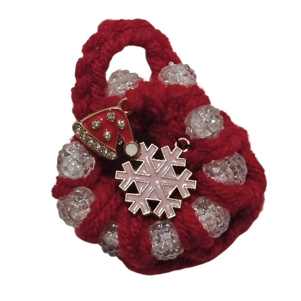 Hand Crafted Hand Crochet Christmas ornaments red beaded 8 mini holiday wreaths
